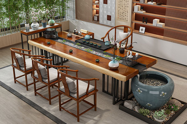 創(chuàng)意流水茶桌，禪意養(yǎng)魚辦公室實木景觀功夫泡茶桌椅組合